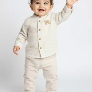 HOP Baby Beige Checkered Cotton-Blend Shirt and Pants Set